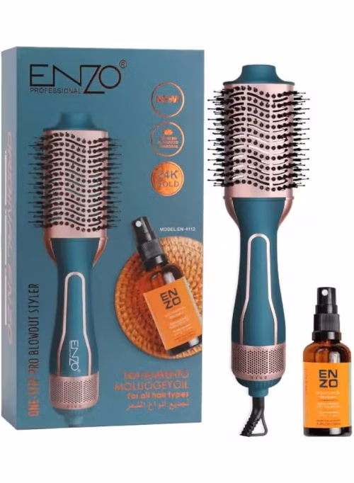 ENZO EN-4112 ENZO Hot Air Hair Brush Styler – 240V Professional Hair Dryer Brush with Multi-Function Heat Settings-Intl Version